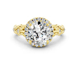 Yellow gold Round Cut Halo Diamond Solitaire with Filigree Band and Four-Prong Setting