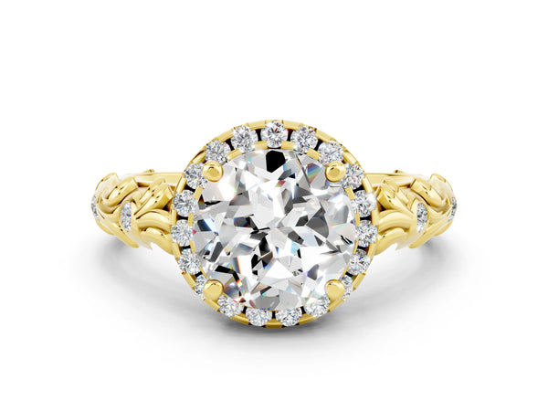 Yellow gold Round Cut Moissanite Halo Ring with Filigree Band and Prong Setting