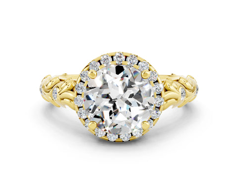 Yellow gold Round Cut Halo Diamond Solitaire with Filigree Band and Four-Prong Setting