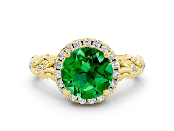 Yellow gold Round Cut Emerald Halo Ring with Filigree Band and Prong Setting