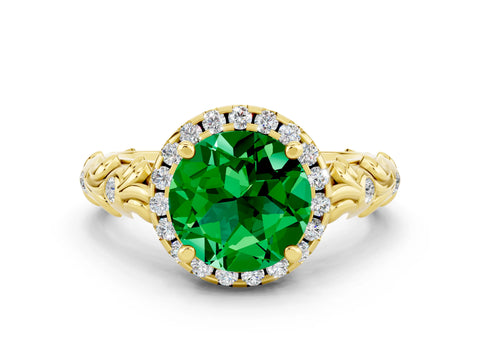 Yellow gold Round Cut Halo Diamond Solitaire with Filigree Band and Four-Prong Setting