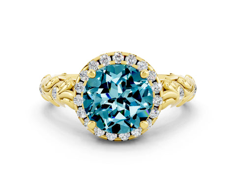 Yellow gold Round Cut Halo Diamond Solitaire with Filigree Band and Four-Prong Setting