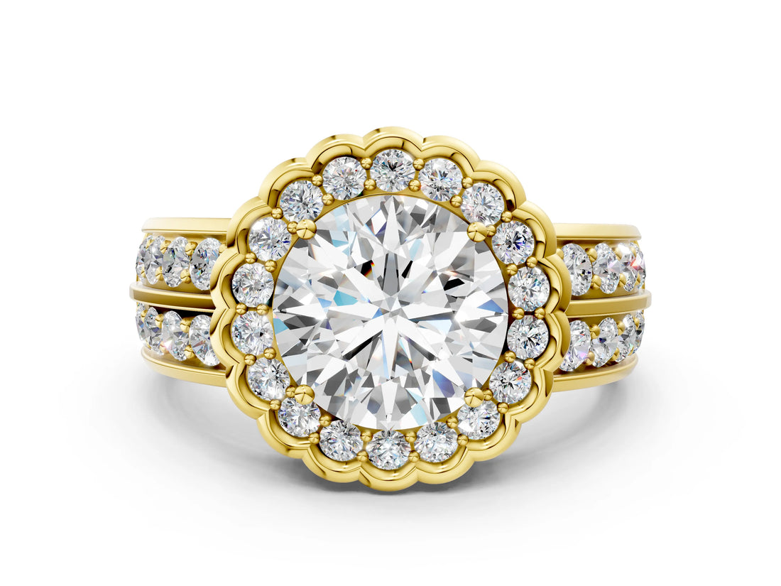 Yellow gold Round Cut Halo Diamond Split Shank Ring with Scalloped Prong Setting_3
