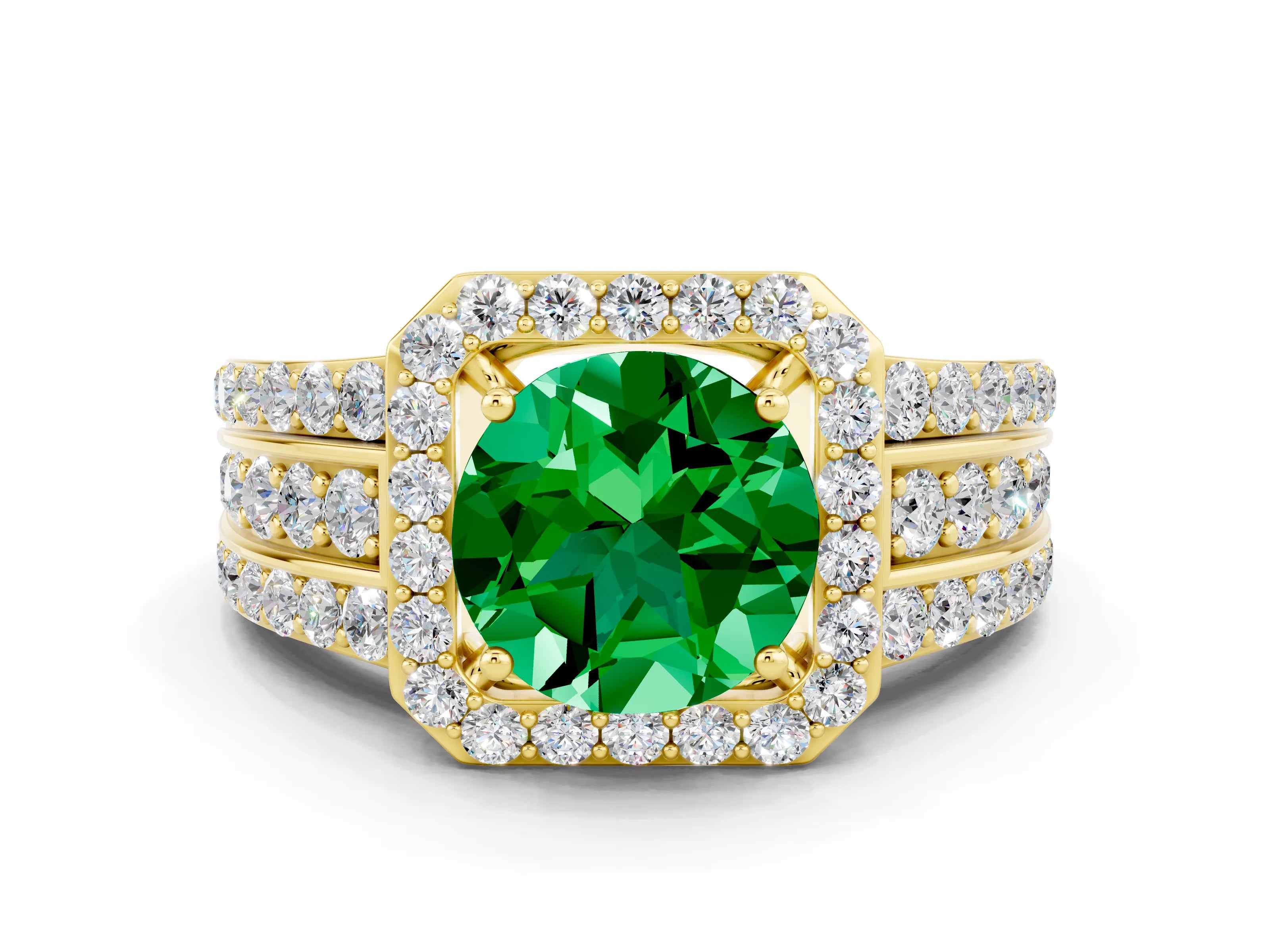Yellow gold Round Cut Halo Emerald Ring with Split Shank and Four-Prong Setting