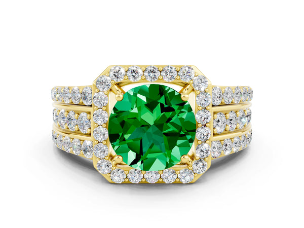 Yellow gold Round Cut Halo Emerald Ring with Round  Split Shank and Prong Setting