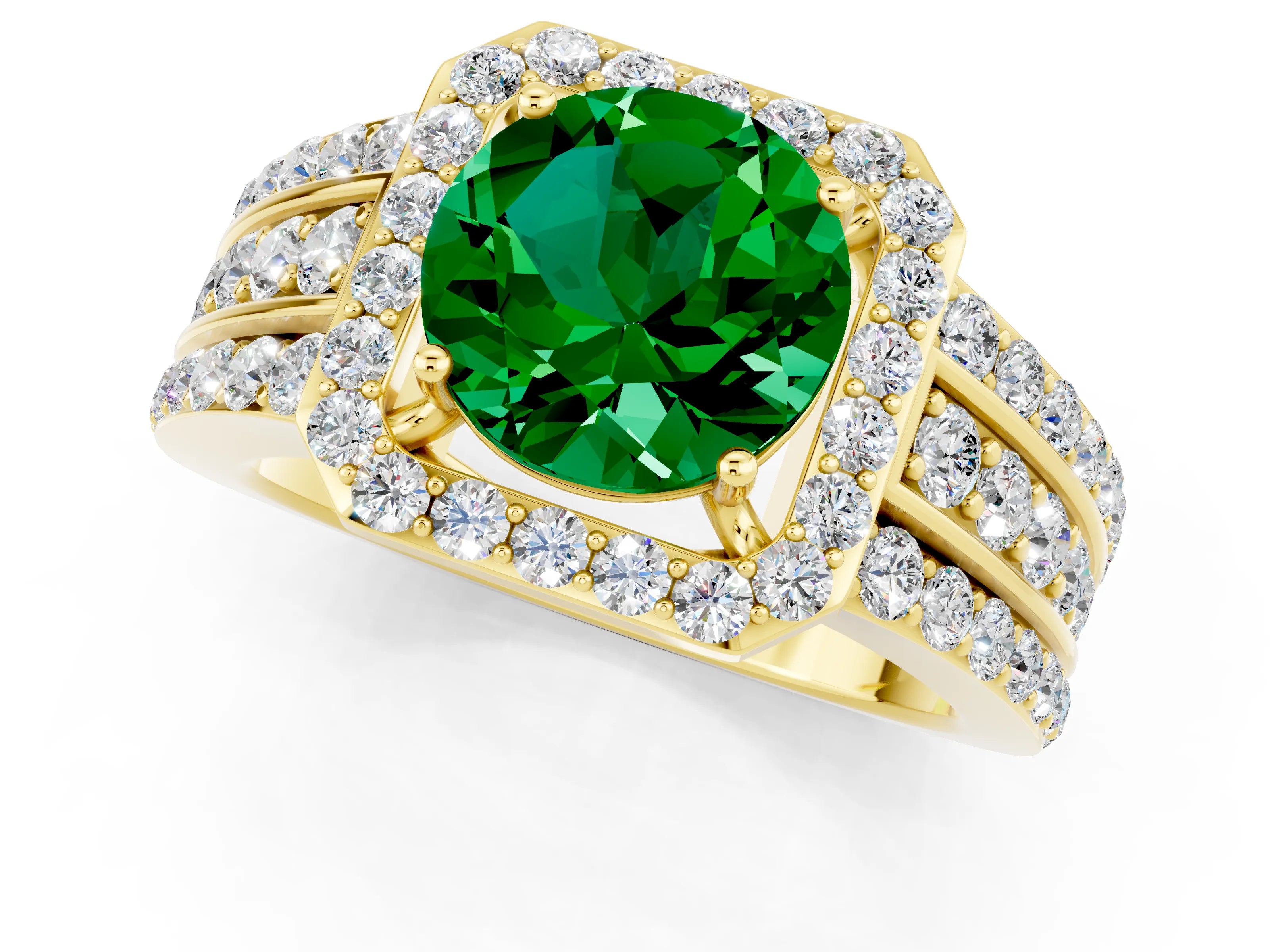 Yellow gold Round Cut Halo Emerald Ring with Split Shank and Four-Prong Setting_1