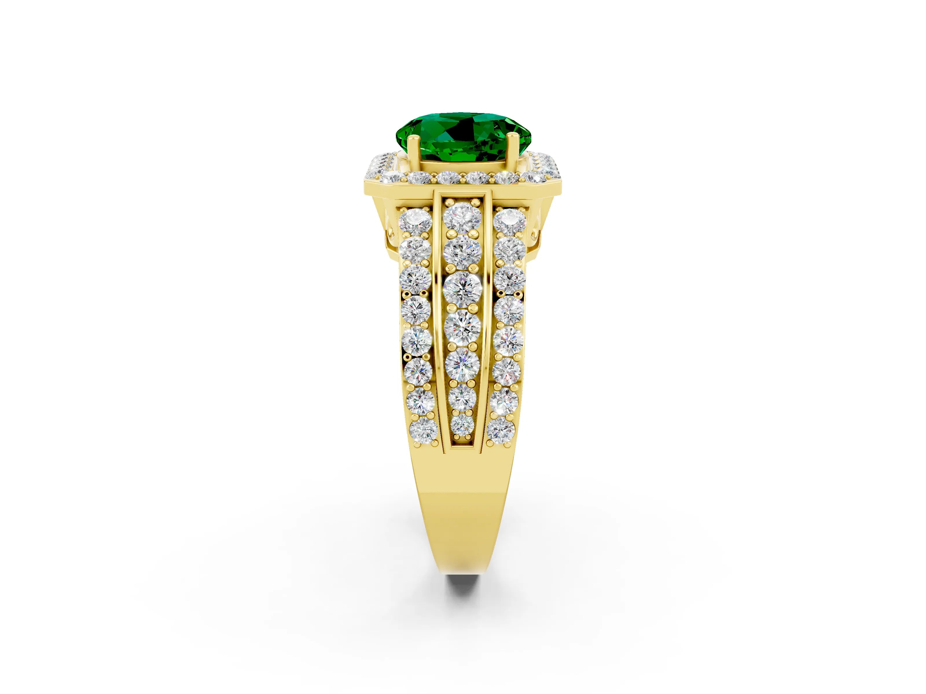 Yellow gold Round Cut Halo Emerald Ring with Split Shank and Four-Prong Setting_2