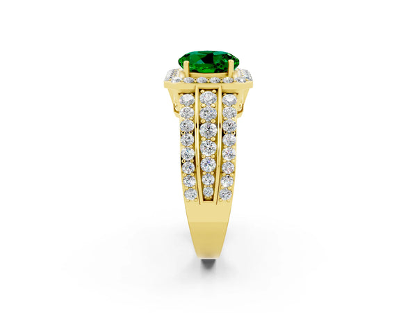 Yellow gold Round Cut Halo Emerald Ring with Round  Split Shank and Prong Setting