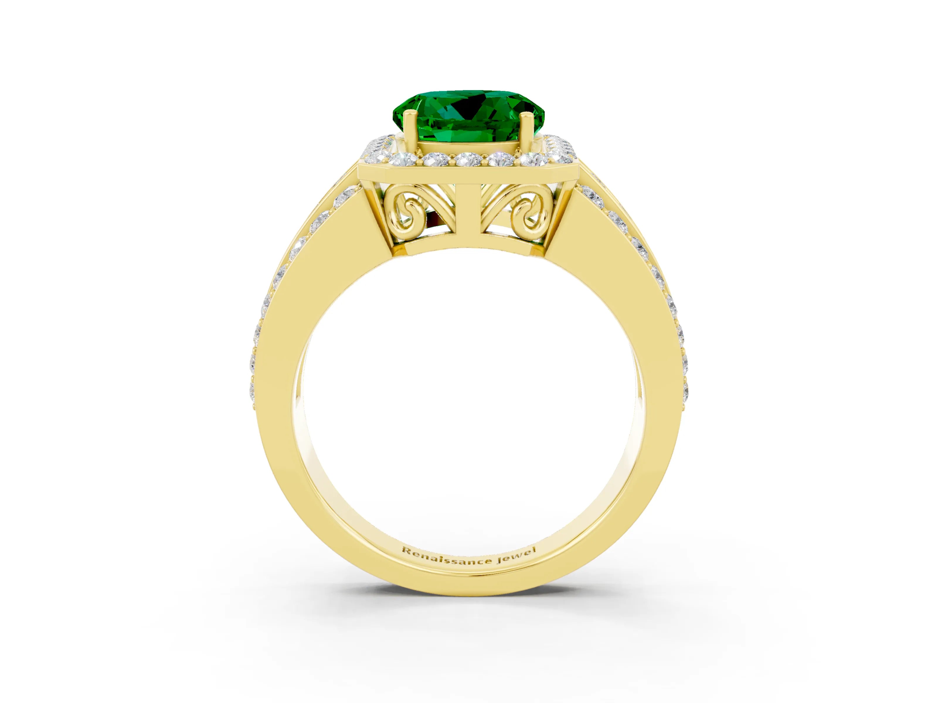 Yellow gold Round Cut Halo Emerald Ring with Split Shank and Four-Prong Setting_3