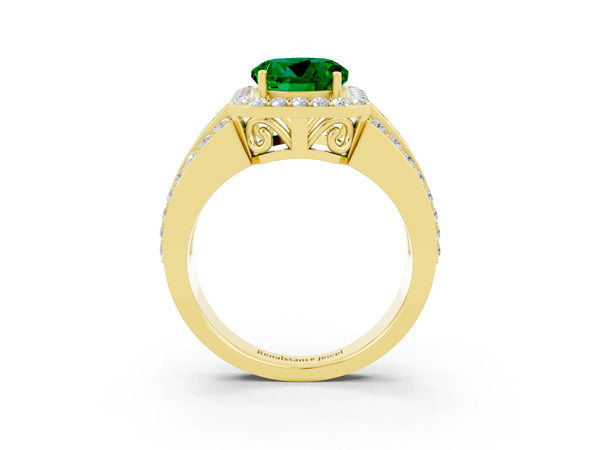 Yellow gold Round Cut Halo Emerald Ring with Round  Split Shank and Prong Setting