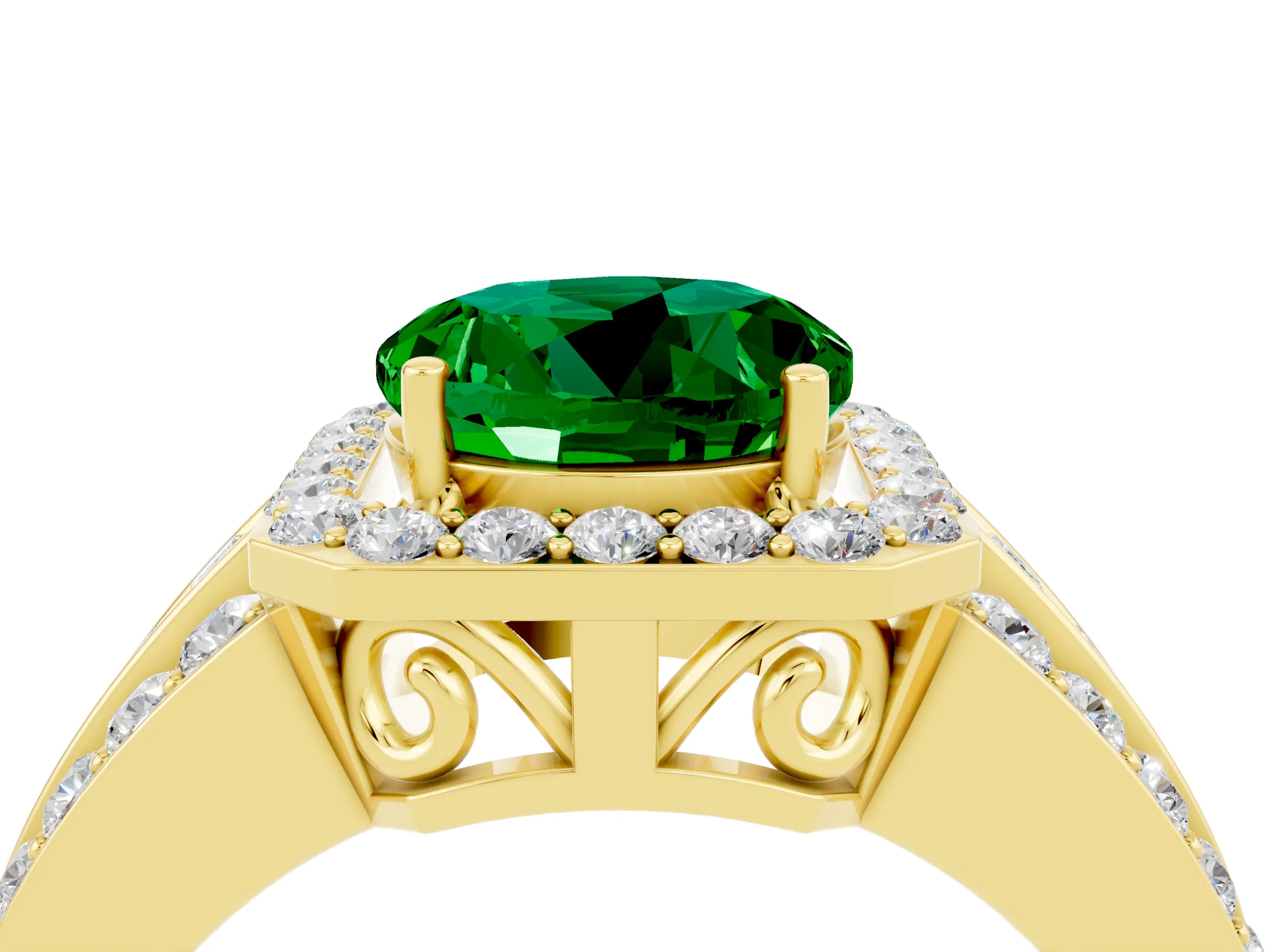 Yellow gold Round Cut Halo Emerald Ring with Split Shank and Four-Prong Setting_4