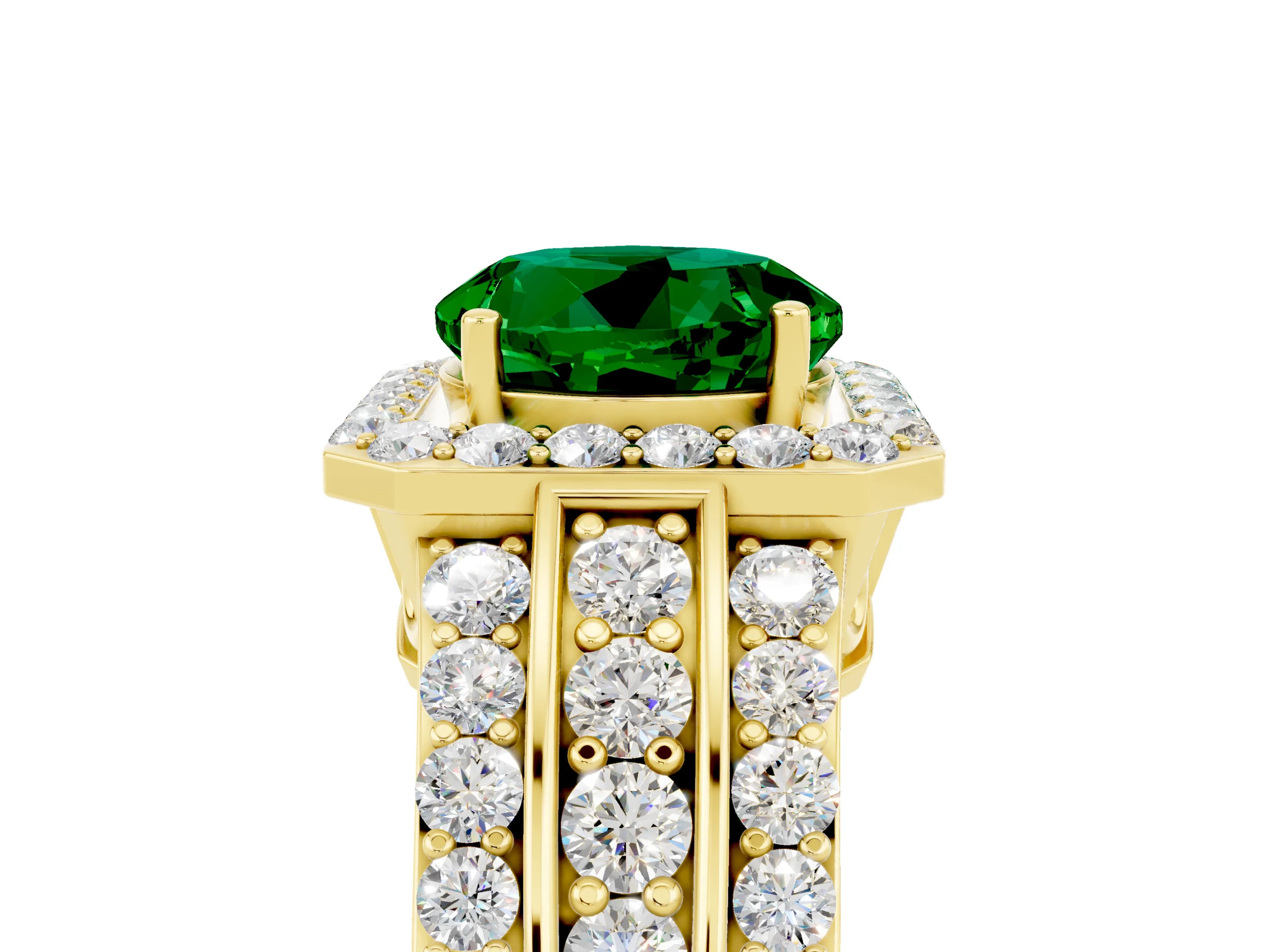 Yellow gold Round Cut Halo Emerald Ring with Split Shank and Four-Prong Setting_5