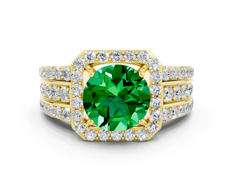 Yellow gold Round Cut Halo Emerald Ring with Split Shank and Four-Prong Setting