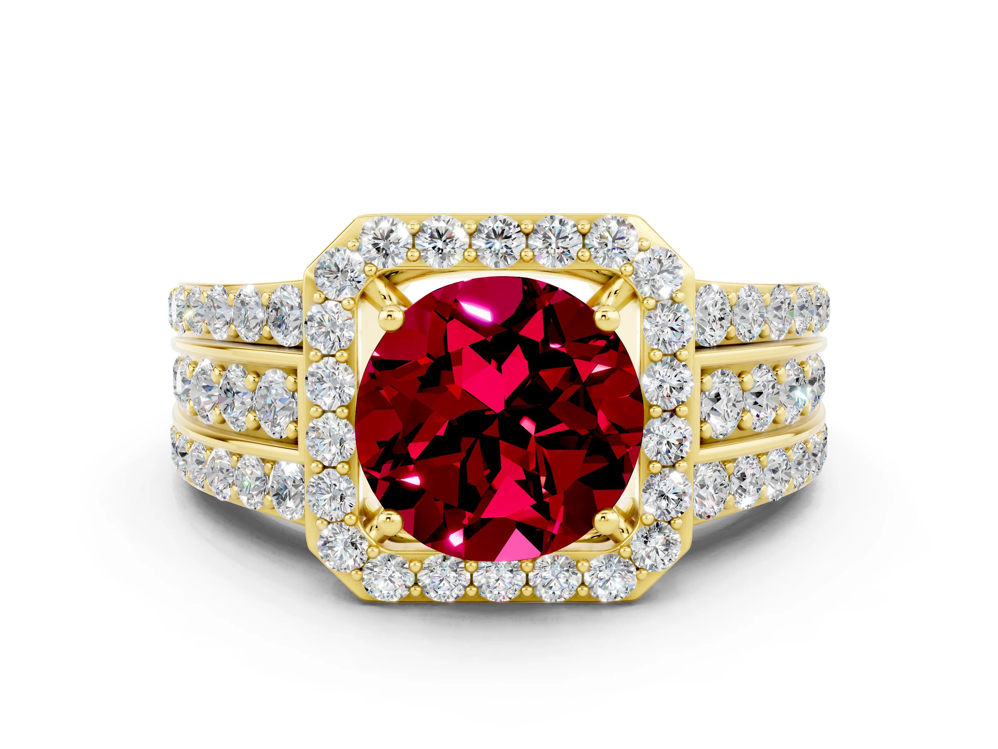 Yellow gold Round Cut Halo Garnet Ring with Split Shank and Four-Prong Setting