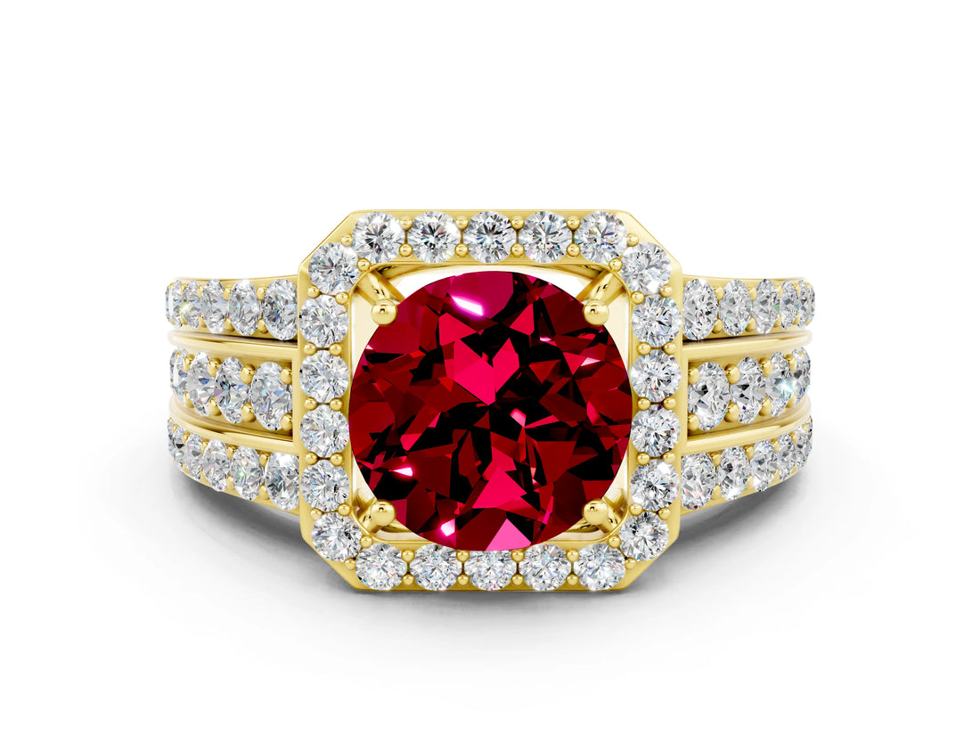 Yellow gold Round Cut Halo Garnet Ring with Split Shank and Four-Prong Setting