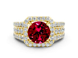 Yellow gold Round Cut Halo Garnet Ring with Split Shank and Four-Prong Setting