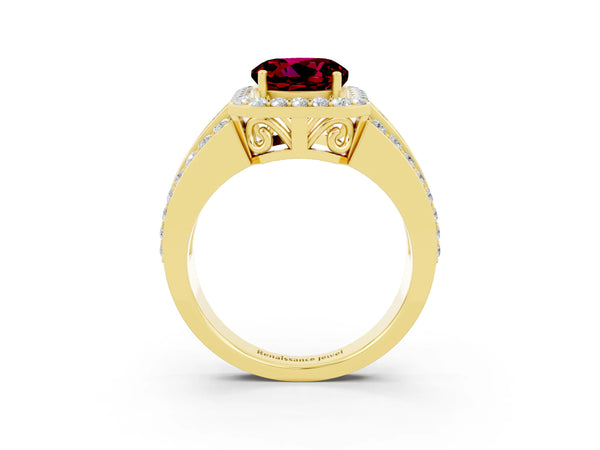 Yellow gold Round Cut Halo Garnet Ring with Round  Split Shank and Prong Setting