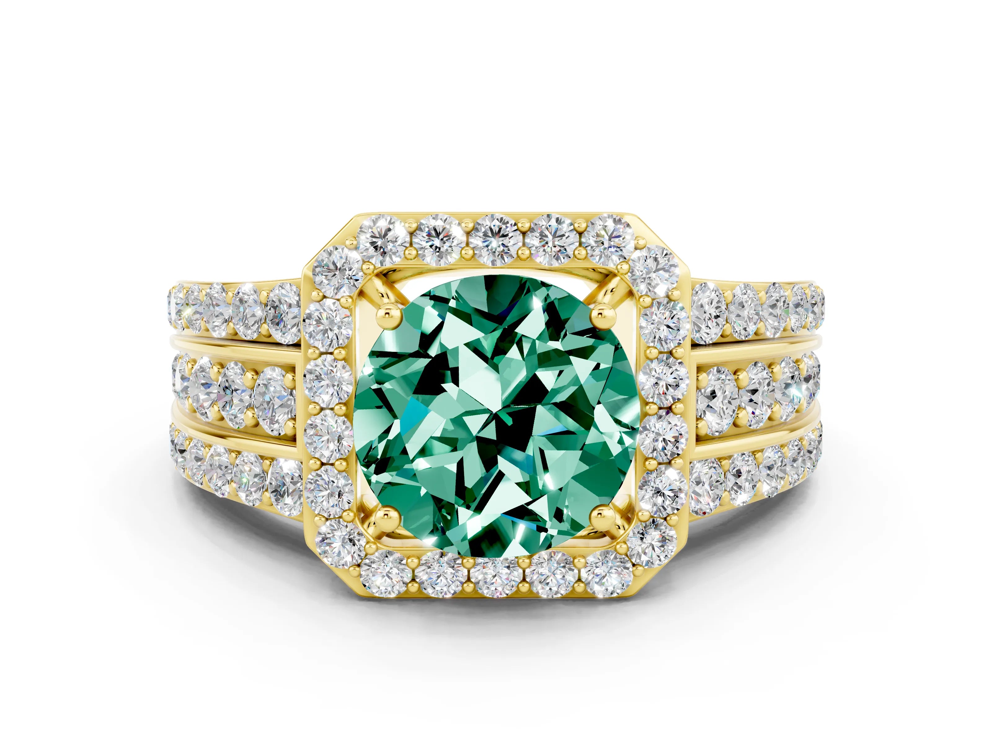 Yellow gold Round Cut Halo Green Sapphire Ring with Split Shank and Four-Prong Setting