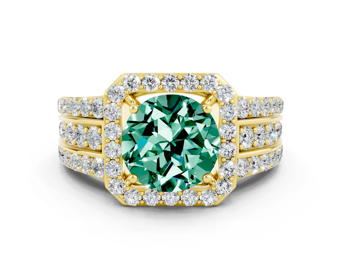 Yellow gold Round Cut Halo Green Sapphire Ring with Split Shank and Four-Prong Setting