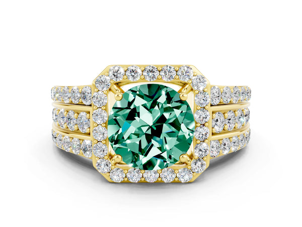 Yellow gold Round Cut Halo Green Sapphire Ring with Round  Split Shank and Prong Setting