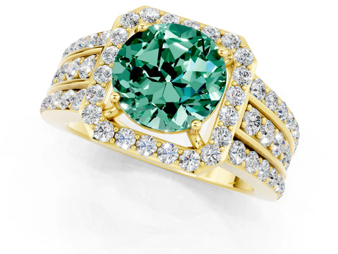 Yellow gold Round Cut Halo Green Sapphire Ring with Split Shank and Four-Prong Setting_1