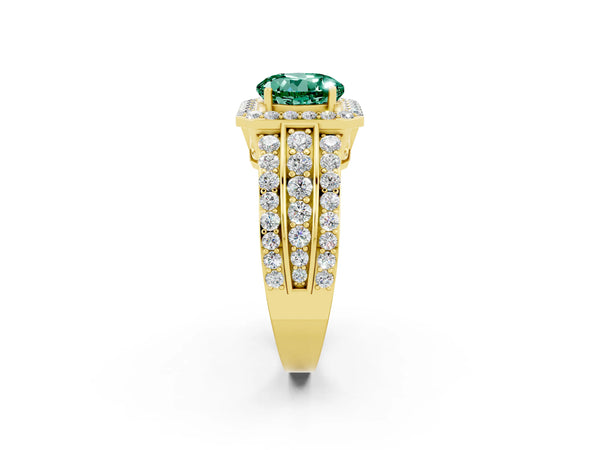 Yellow gold Round Cut Halo Green Sapphire Ring with Round  Split Shank and Prong Setting