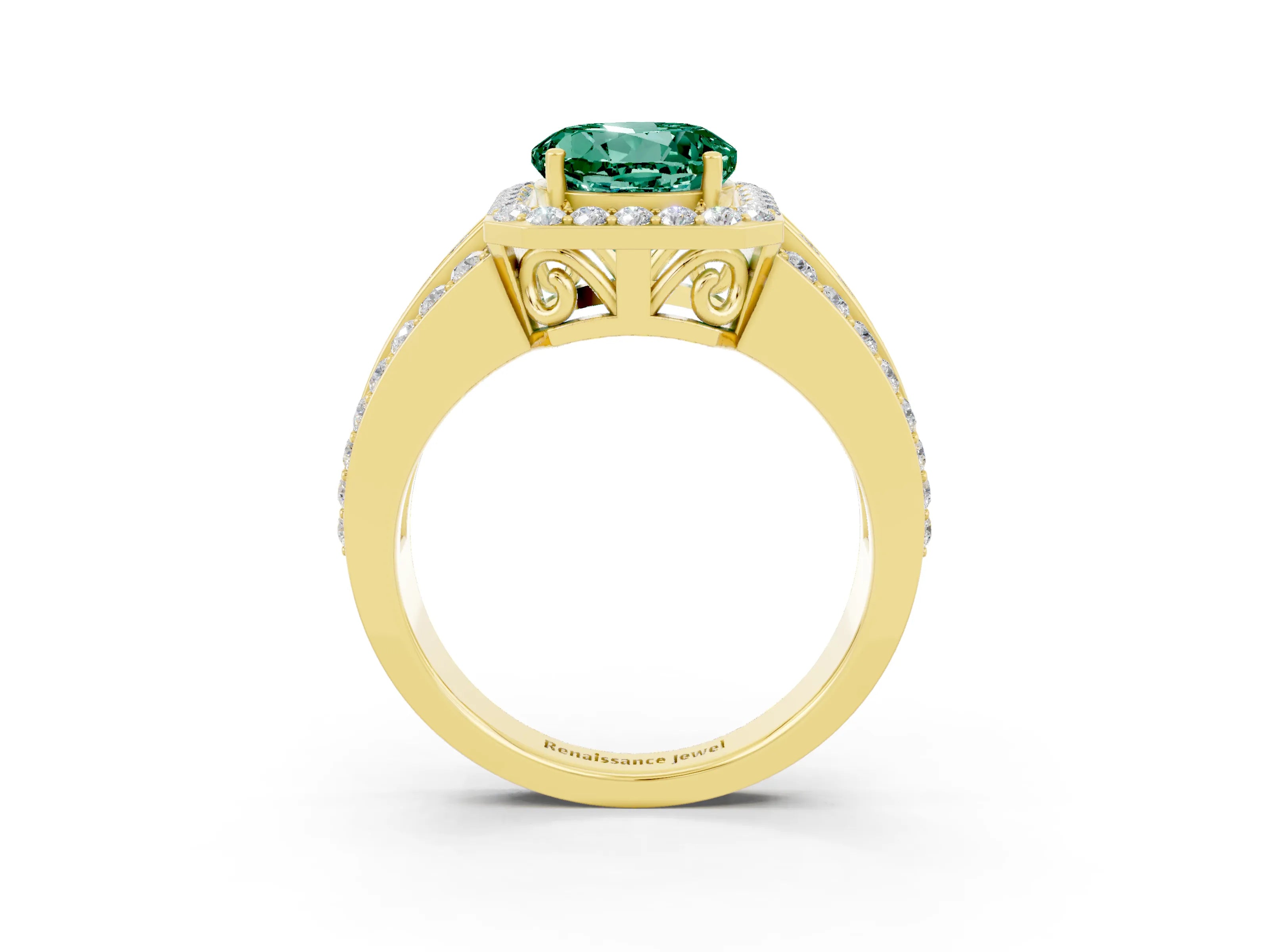 Yellow gold Round Cut Halo Green Sapphire Ring with Split Shank and Four-Prong Setting_3