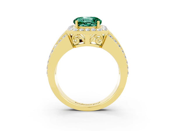 Yellow gold Round Cut Halo Green Sapphire Ring with Round  Split Shank and Prong Setting