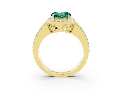 Yellow gold Round Cut Halo Green Sapphire Ring with Split Shank and Four-Prong Setting_3