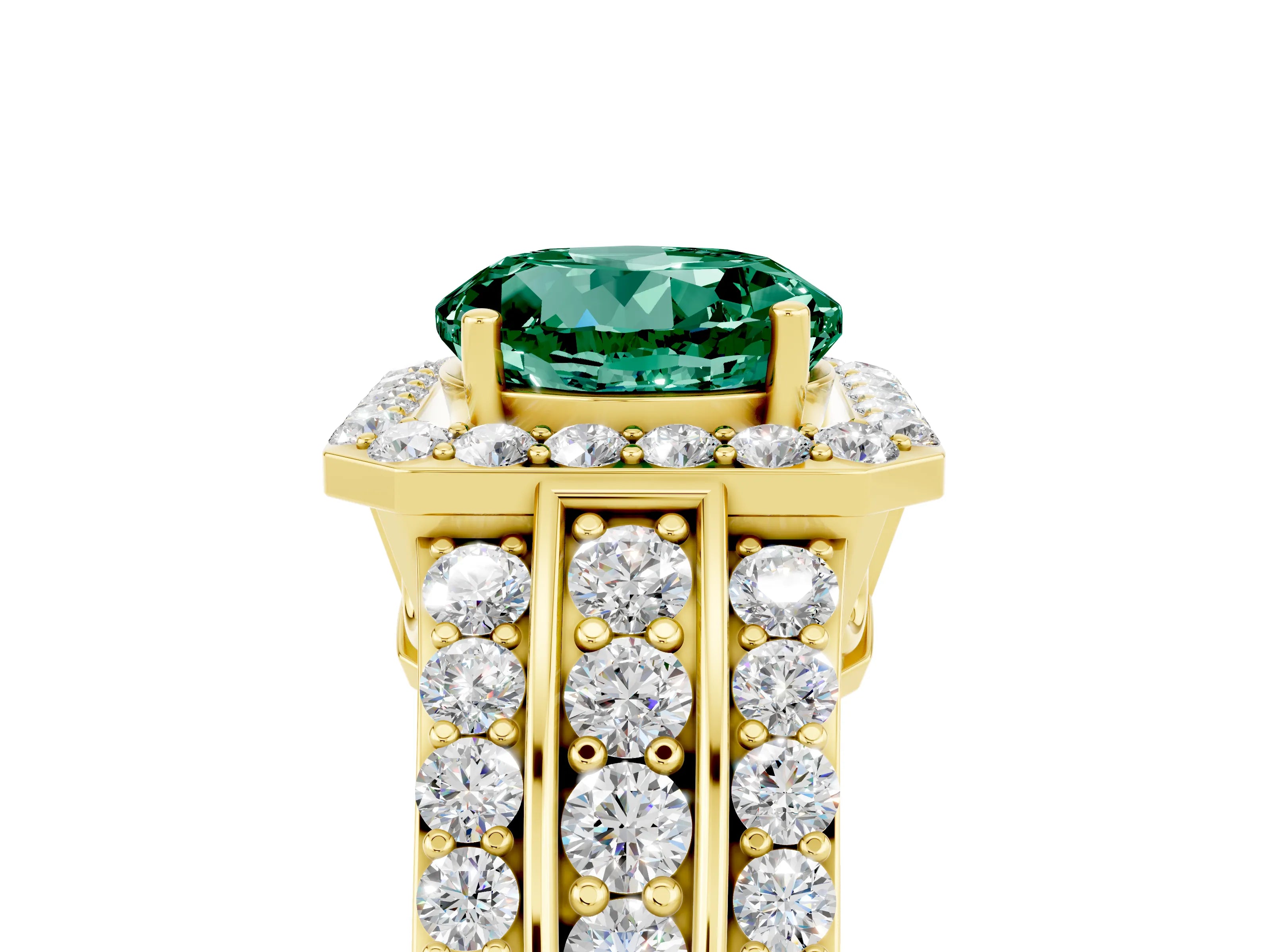 Yellow gold Round Cut Halo Green Sapphire Ring with Split Shank and Four-Prong Setting_5