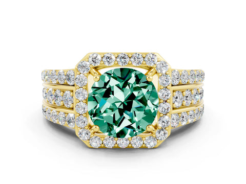 Yellow gold Round Cut Halo Green Sapphire Ring with Split Shank and Four-Prong Setting