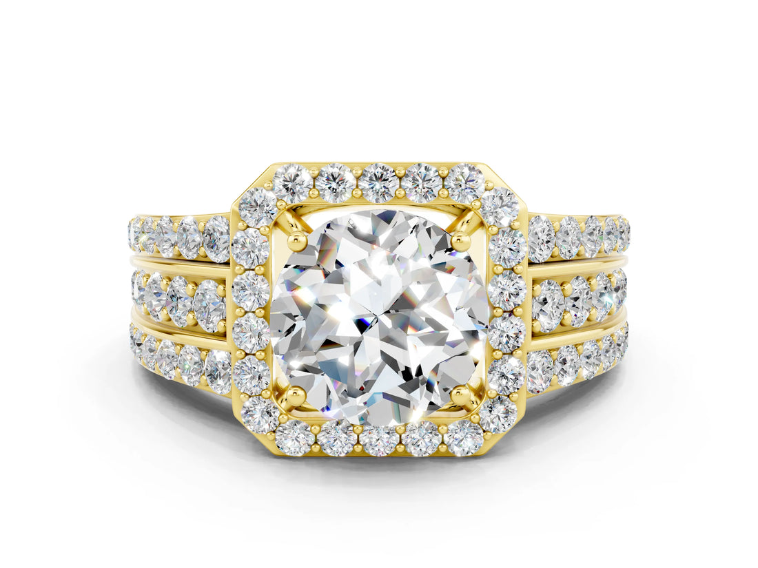 Yellow gold Round Cut Halo Moissanite Ring with Split Shank and Four-Prong Setting