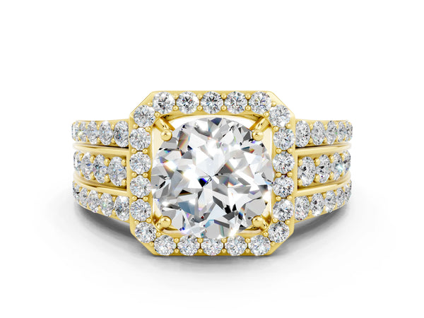 Yellow gold Round Cut Halo Moissanite Ring with Round  Split Shank and Prong Setting