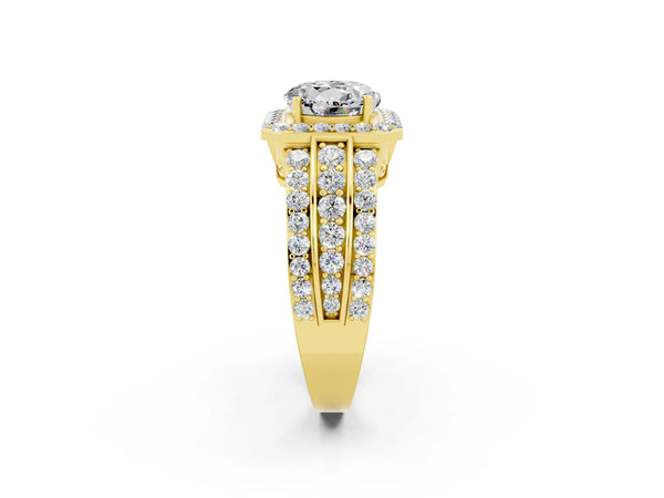 Yellow gold Round Cut Halo Moissanite Ring with Round  Split Shank and Prong Setting