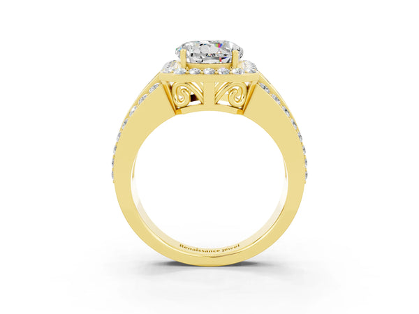 Yellow gold Round Cut Halo Moissanite Ring with Round  Split Shank and Prong Setting