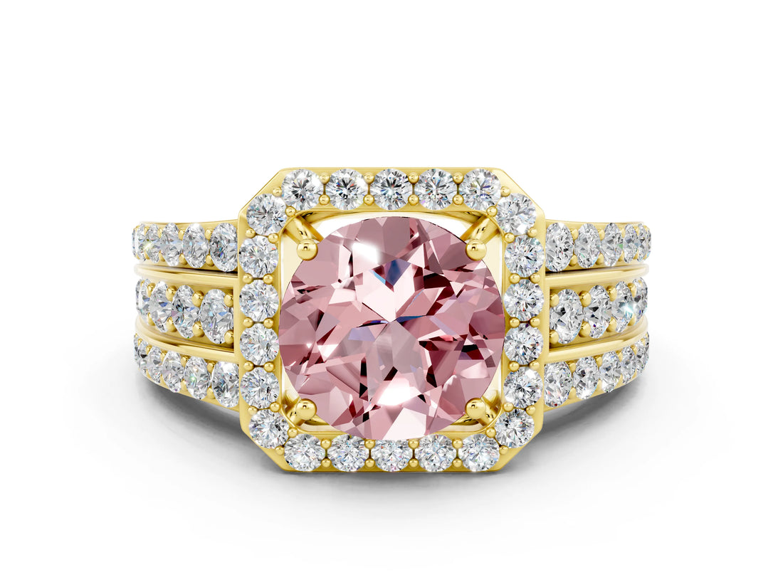 Yellow gold Round Cut Halo Morganite Ring with Split Shank and Four-Prong Setting