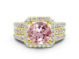 Yellow gold Round Cut Halo Morganite Ring with Split Shank and Four-Prong Setting
