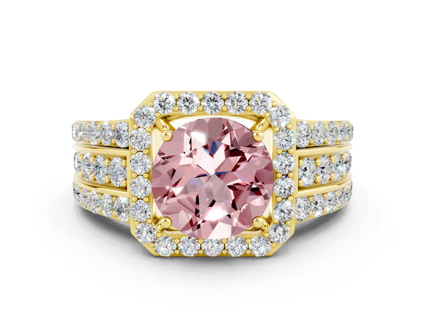 Yellow gold Round Cut Halo Morganite Ring with Round  Split Shank and Prong Setting