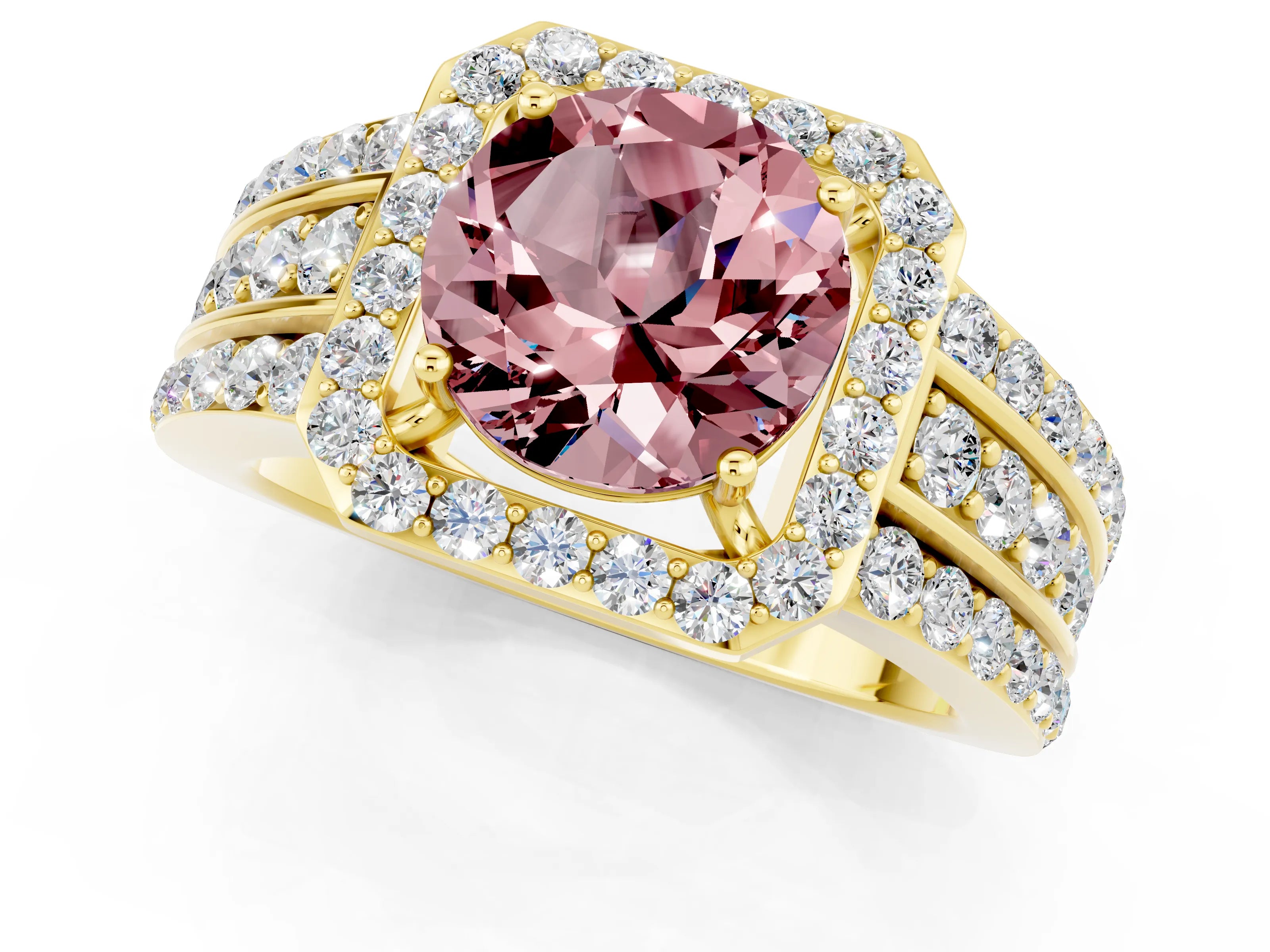 Yellow gold Round Cut Halo Morganite Ring with Split Shank and Four-Prong Setting_1