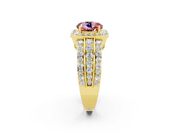 Yellow gold Round Cut Halo Morganite Ring with Round  Split Shank and Prong Setting