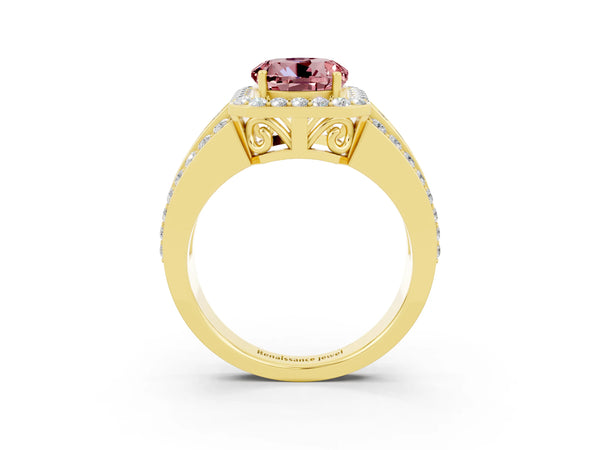 Yellow gold Round Cut Halo Morganite Ring with Round  Split Shank and Prong Setting