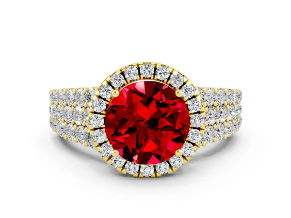 Yellow gold Round Cut Halo Pavé Diamond Engagement Ring with Split Shank and Four-Prong Setting
