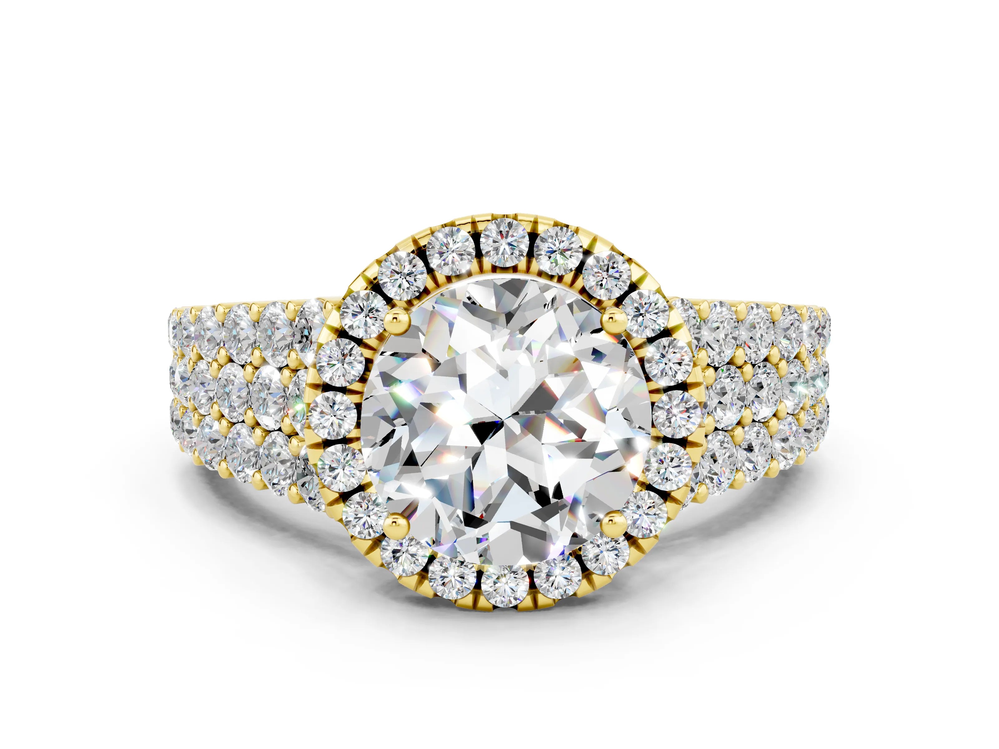 Yellow gold Round Cut Halo Pavé Diamond Engagement Ring with Split Shank and Four-Prong Setting