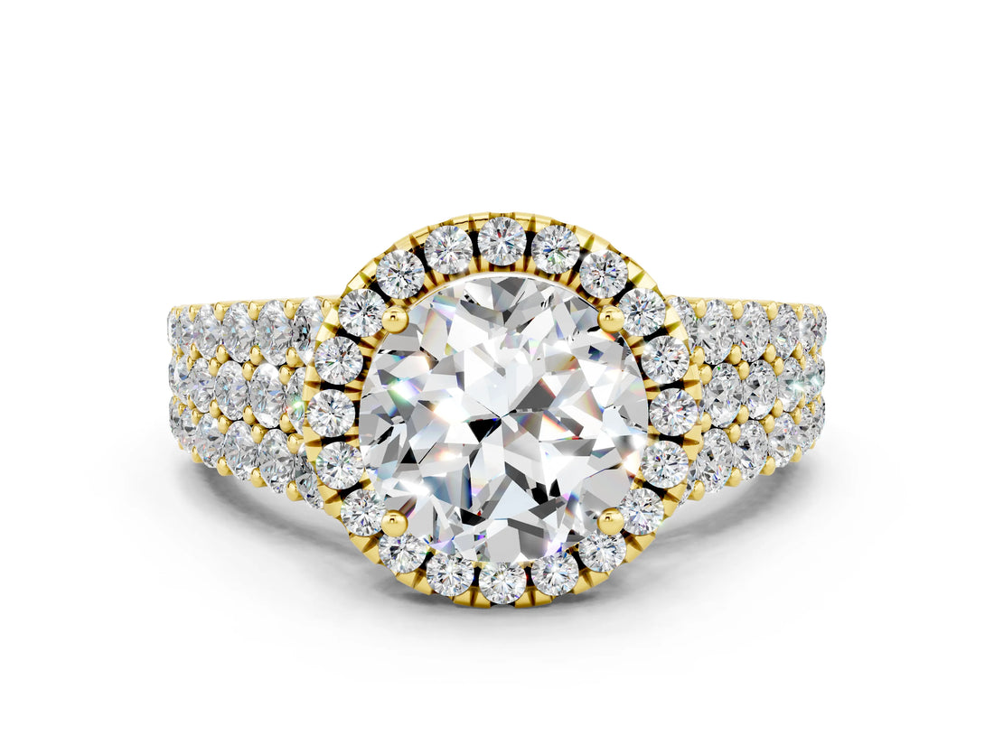 Yellow gold Round Cut Halo Pavé Diamond Engagement Ring with Split Shank and Four-Prong Setting