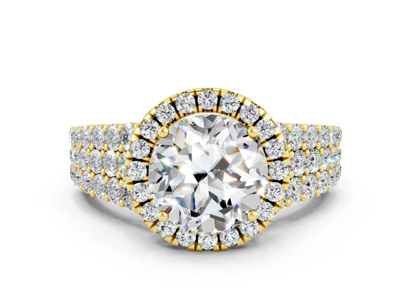 Yellow gold Round Cut Moissanite Halo Engagement Ring with Triple Row Round Pavé Band and Prong Setting
