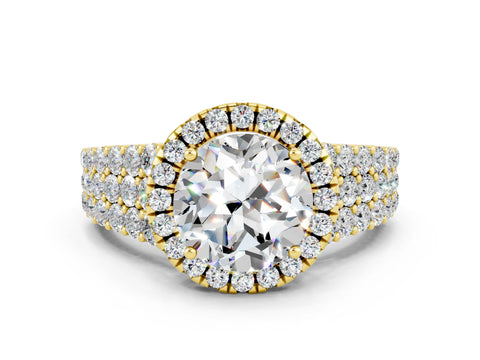 Yellow gold Round Cut Halo Pavé Diamond Engagement Ring with Split Shank and Four-Prong Setting