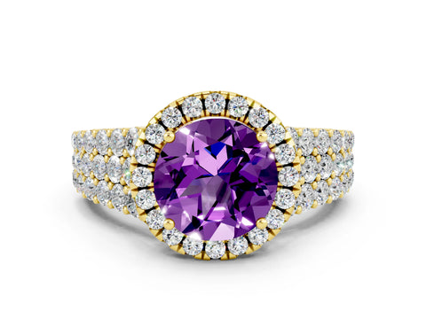 Yellow gold Round Cut Halo Pavé Diamond Engagement Ring with Split Shank and Four-Prong Setting
