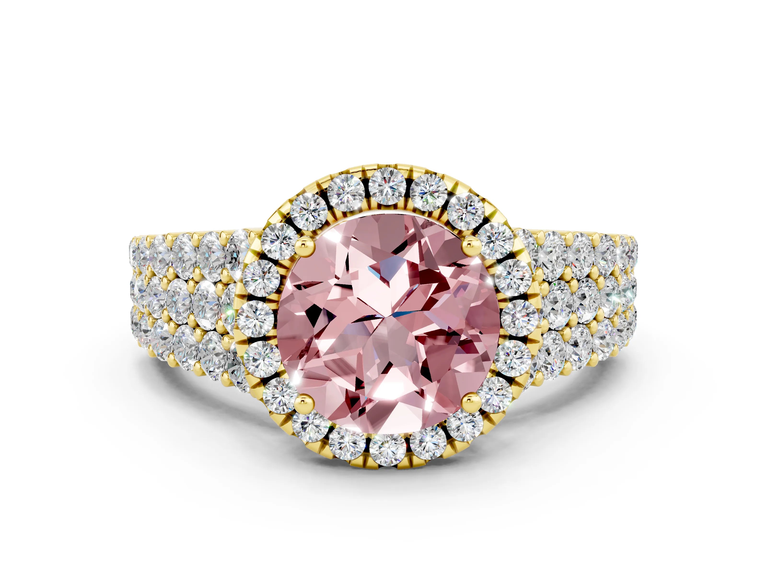 Yellow gold Round Cut Halo Pavé Diamond Engagement Ring with Split Shank and Four-Prong Setting
