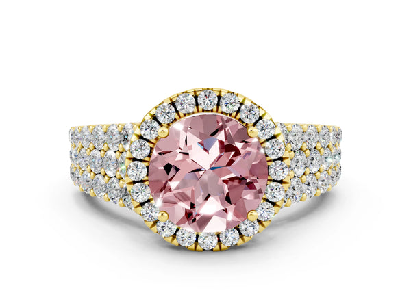 Yellow gold Round Cut Halo Pavé Diamond Engagement Ring with Split Shank and Four-Prong Setting