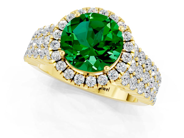 Yellow gold Round Cut Emerald Halo Engagement Ring with Triple Row Round Pavé Band and Prong Setting